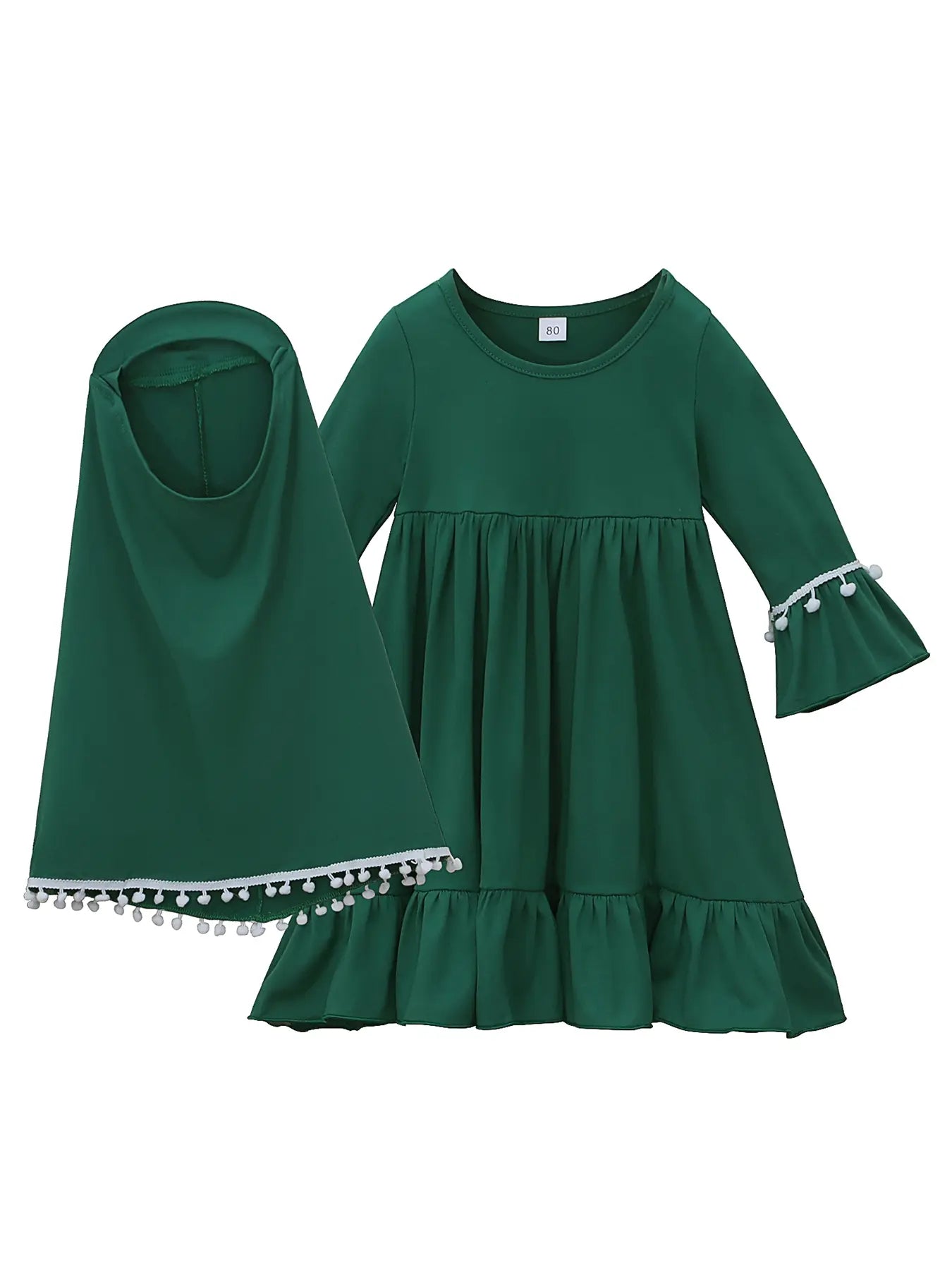 Girls Muslim Dress Set, Long Sleeve Spring Autumn, Middle East Ramadan Skirt + Headscarf Two-Piece, Kids Fashion Clothing